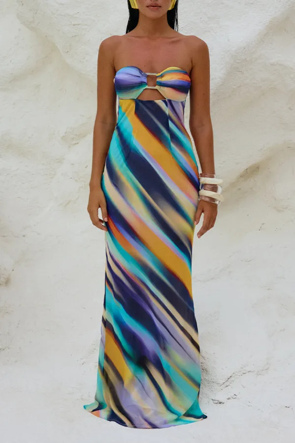Strapless Color Blocked Maxi Dress