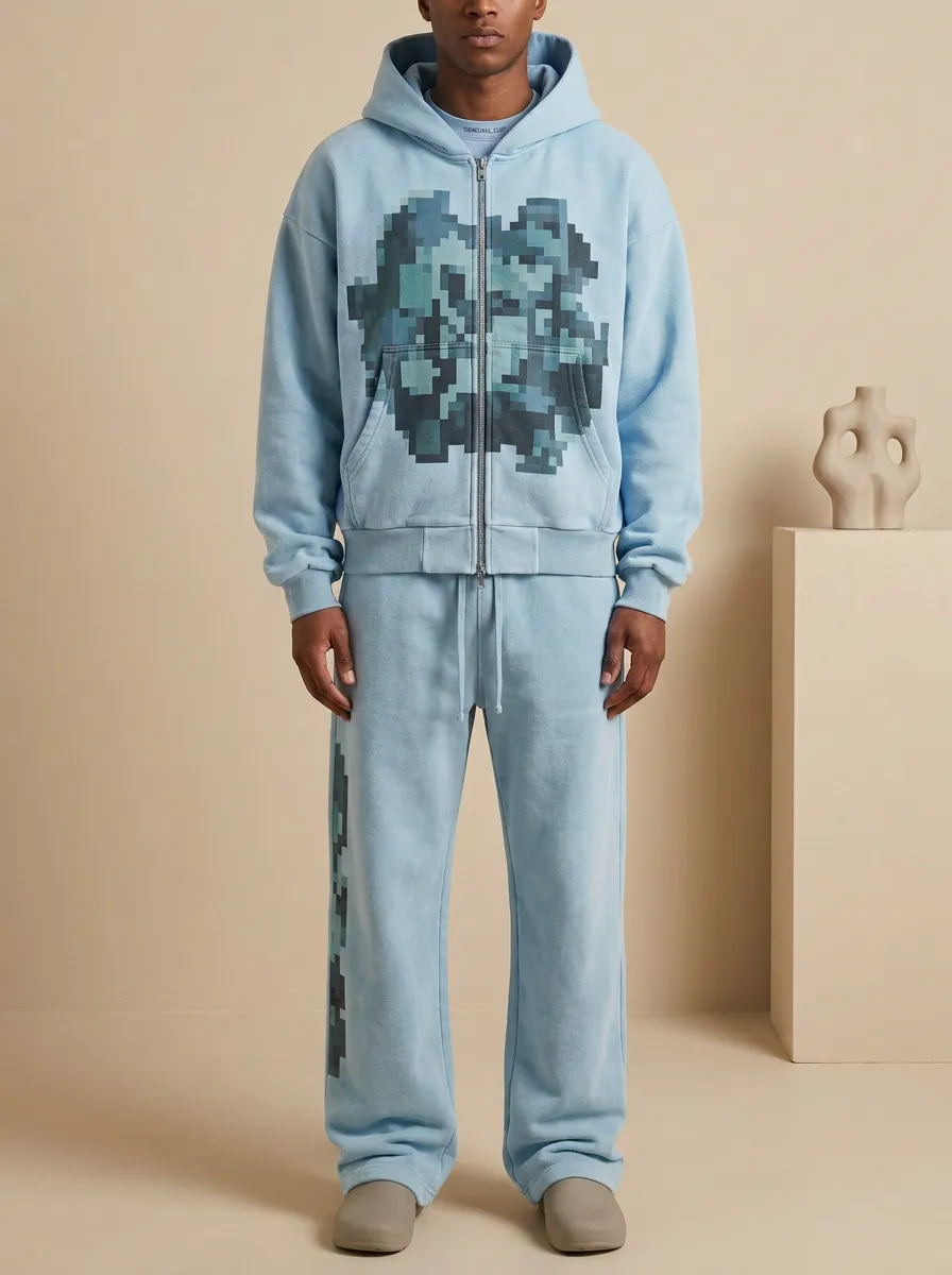 Men's Streetwear Pixel Art Graphic Printed Hooded Tracksuit