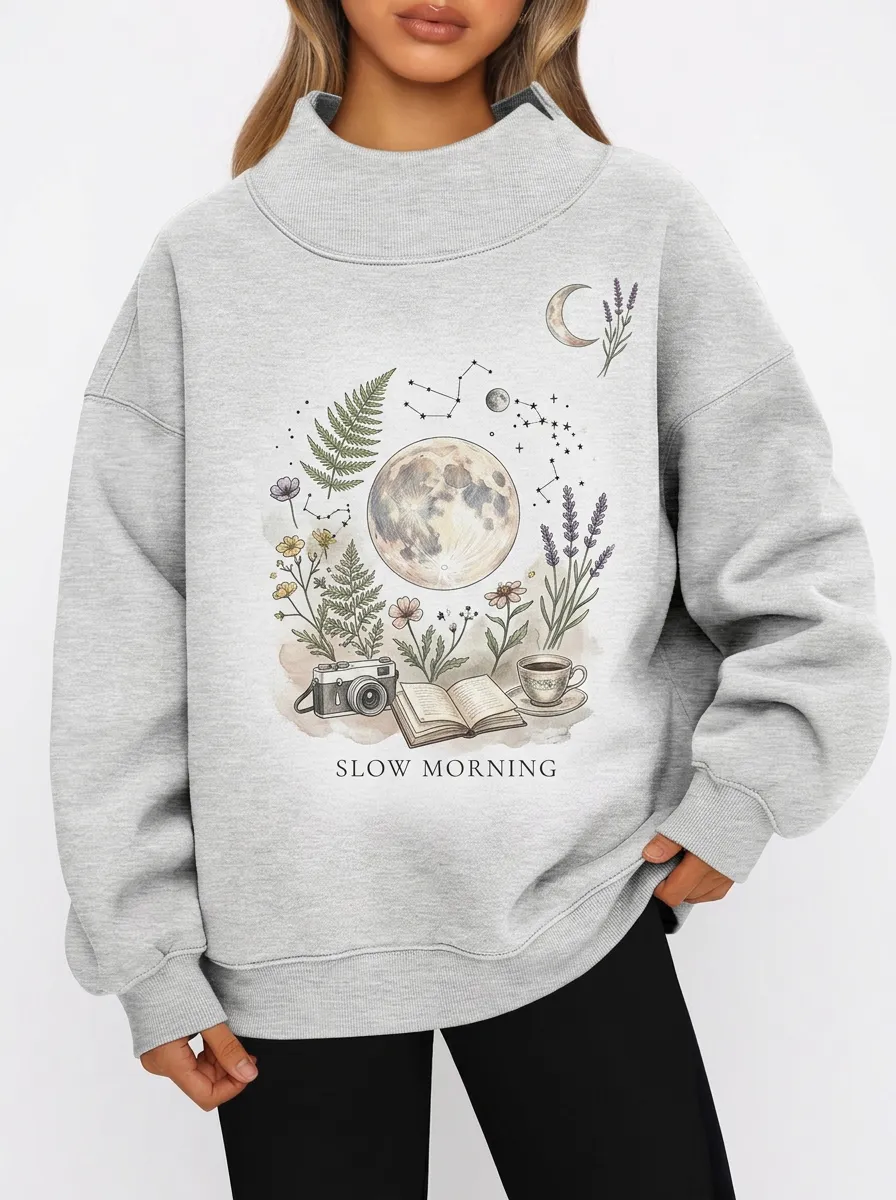 Women's Slow Morning Moon Book Camera Floral Graphic Sweatshirt