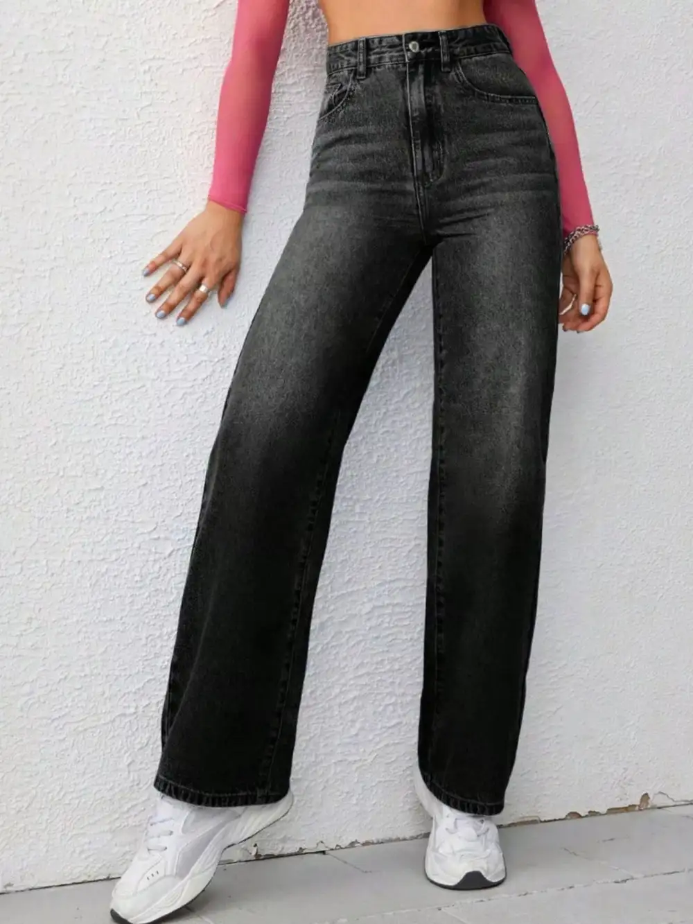 High-Waisted Wide-Leg Washed Jeans