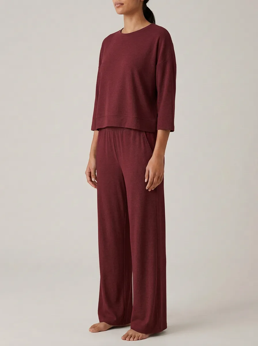 Women's Cropped Three-Quarter-Sleeve Crewneck Top And Wide-Leg Trouser Lounge Set