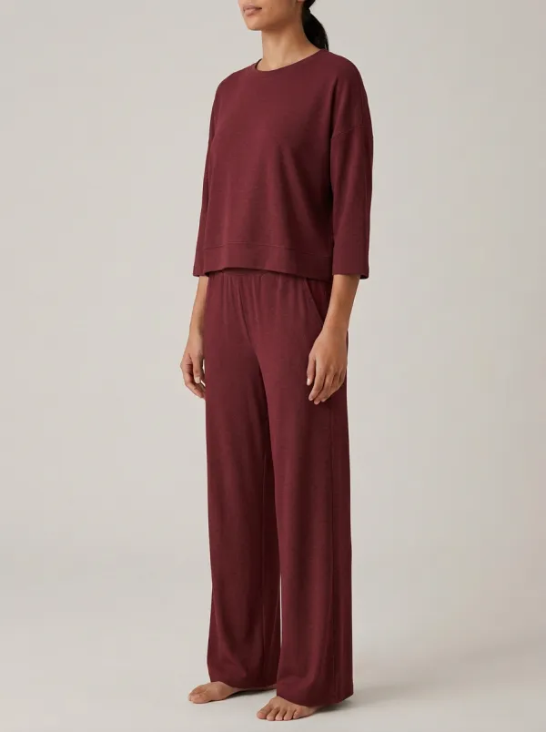 Women's Cropped Three-Quarter-Sleeve Crewneck Top And Wide-Leg Trouser Lounge Set