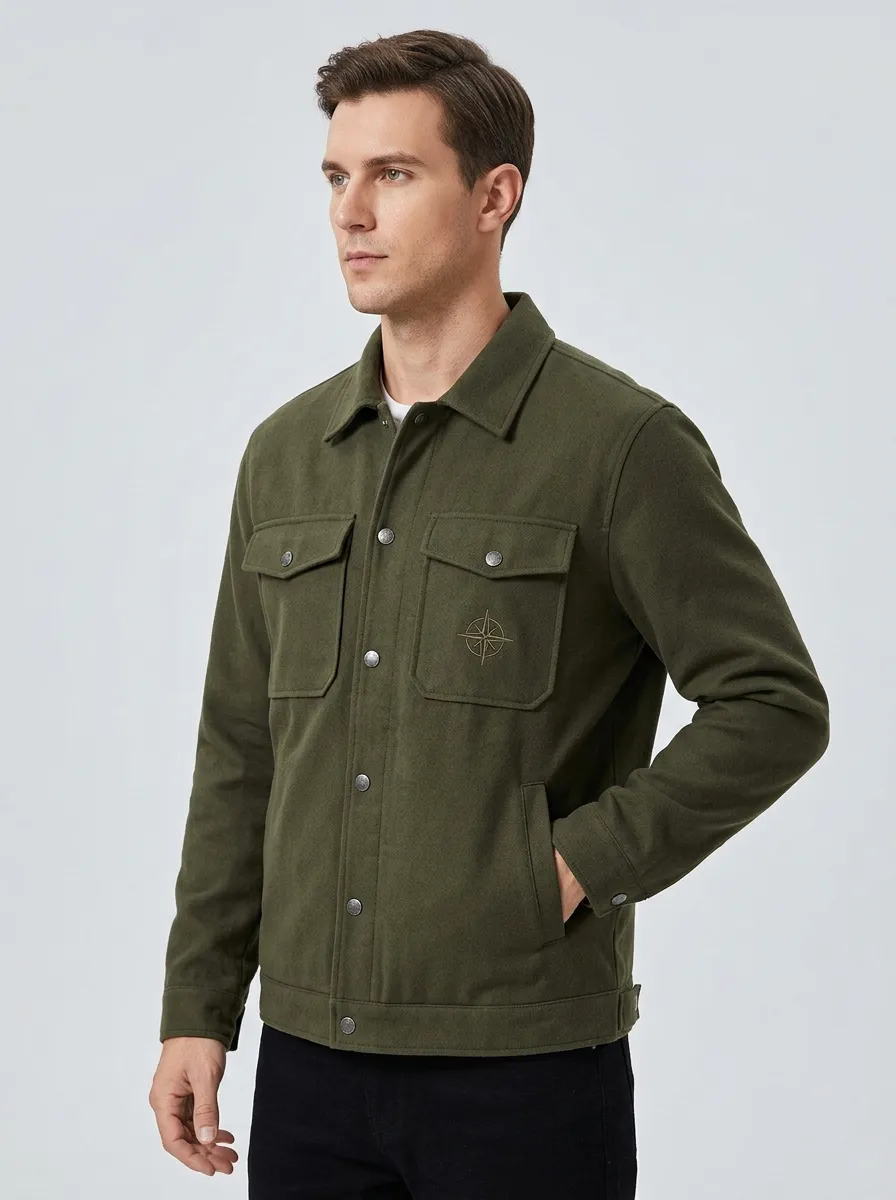 Men's Outdoor Adventure Compass Embroidered Olive Green Jacket