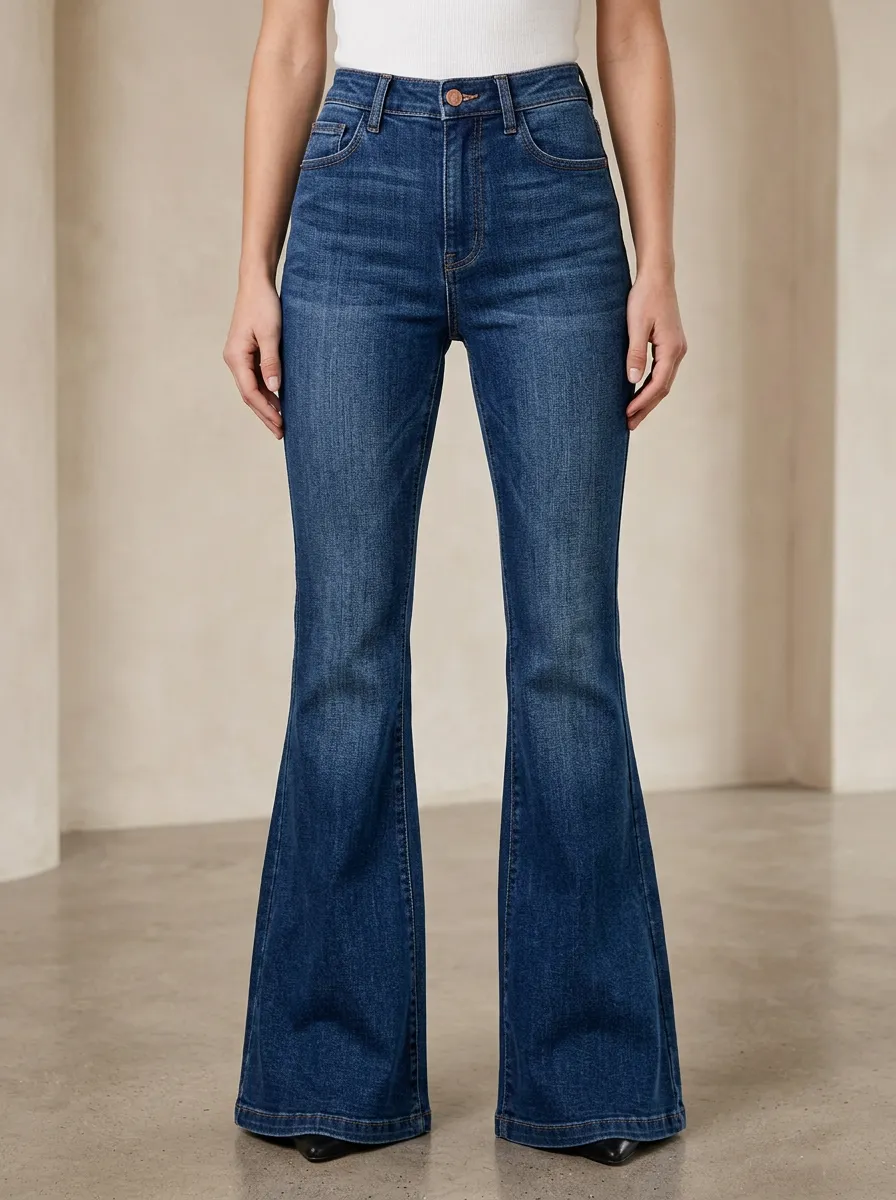 Refined Contrast Stitch High Rise Flare Jeans