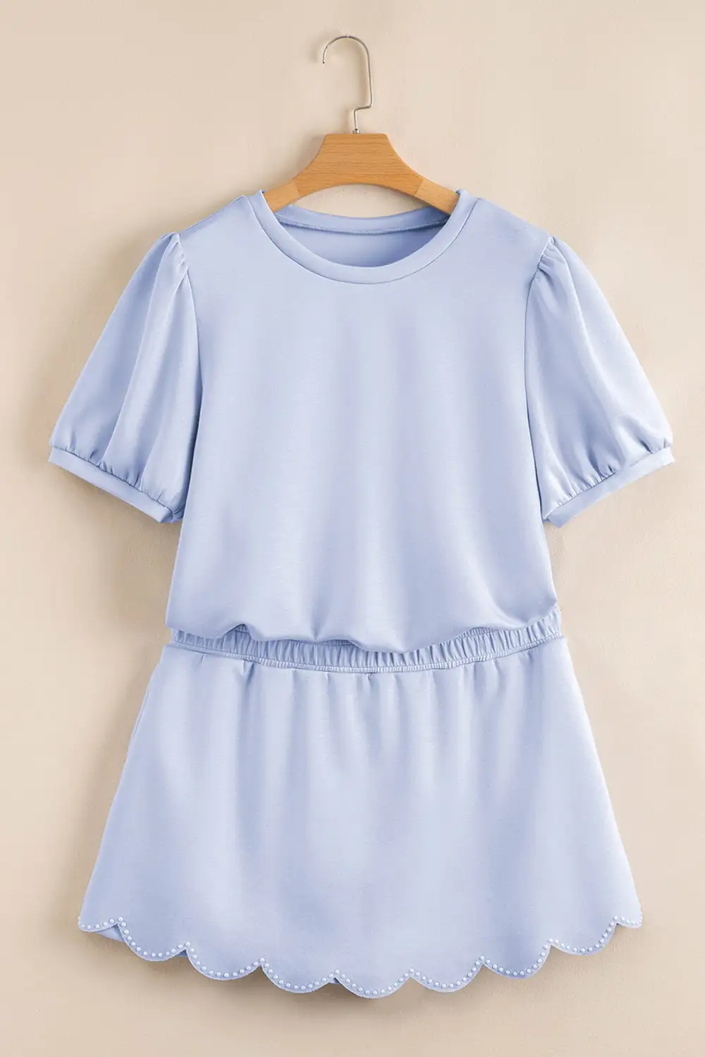 Women's Puff Sleeve Pearl Embellished Scallop Trim Top Two Piece Skort Set