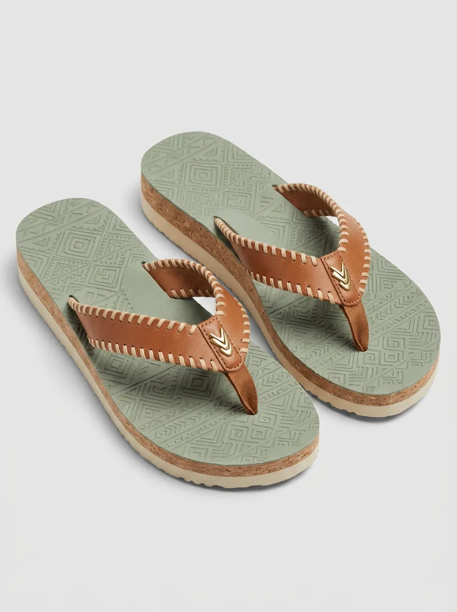 Women's Boho Geometric Pattern Leather Stitched Flip Flops
