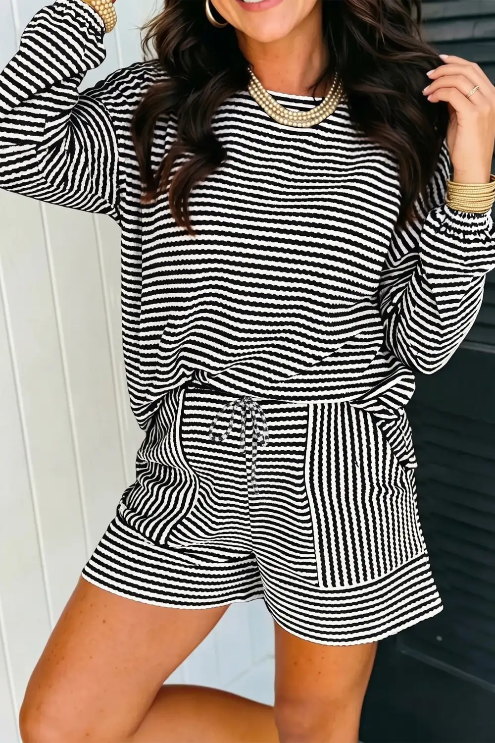 Women's Matching Textured Knit Long Sleeve Top Elastic Waist Shorts Casual Outfit