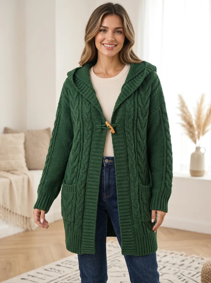 Women's Cable-Knit Toggle Patch-Pocket Longline Hooded Cardigan