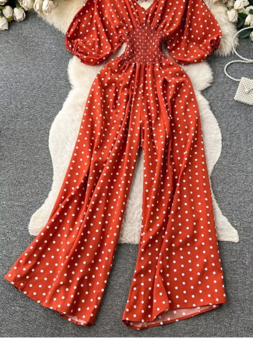 Smocked V Neck Wide Leg Jumpsuit