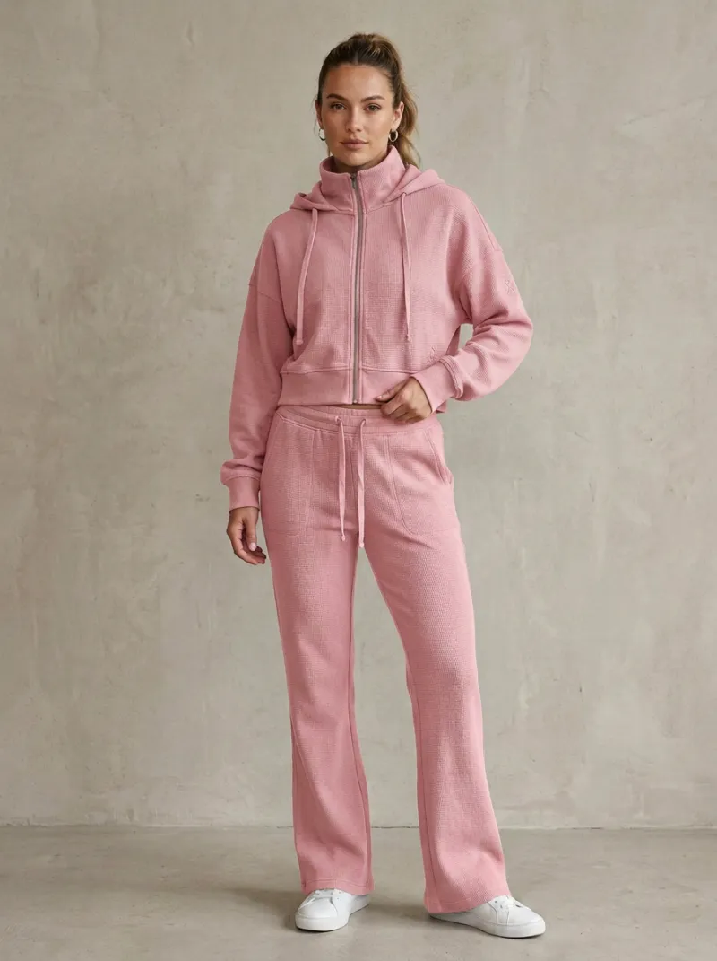 Women's Classic Waffle Knit Sport Inspired Cropped Hooded Jacket and Flare Pants Active Set