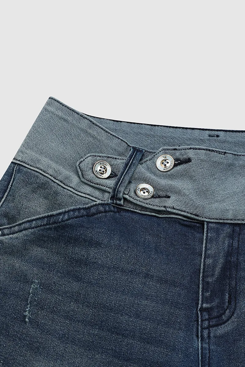 Two Tone Button Front Ripped Denim Bermuda Shorts