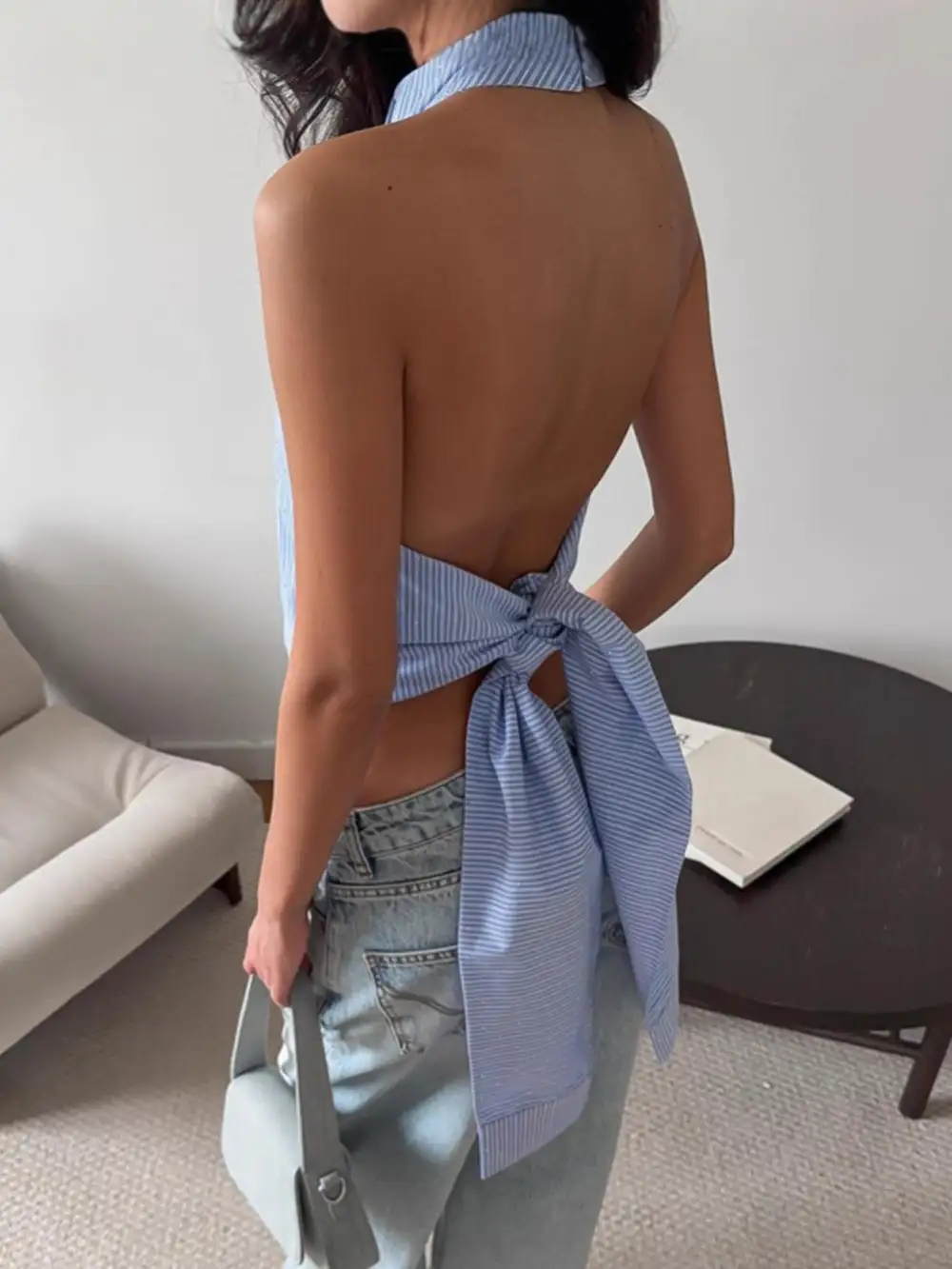 Striped Halter Neck Cami Cotton Blend