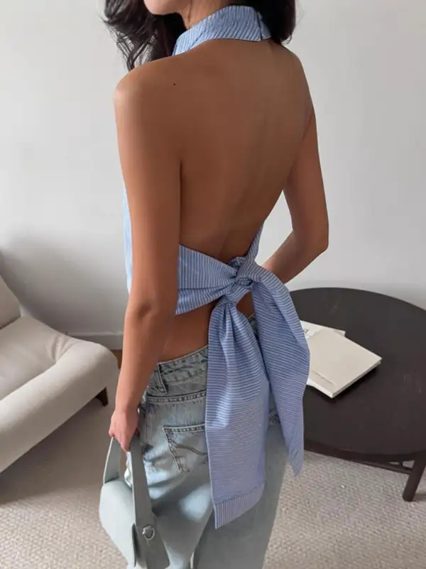 Striped Halter Neck Cami Cotton Blend
