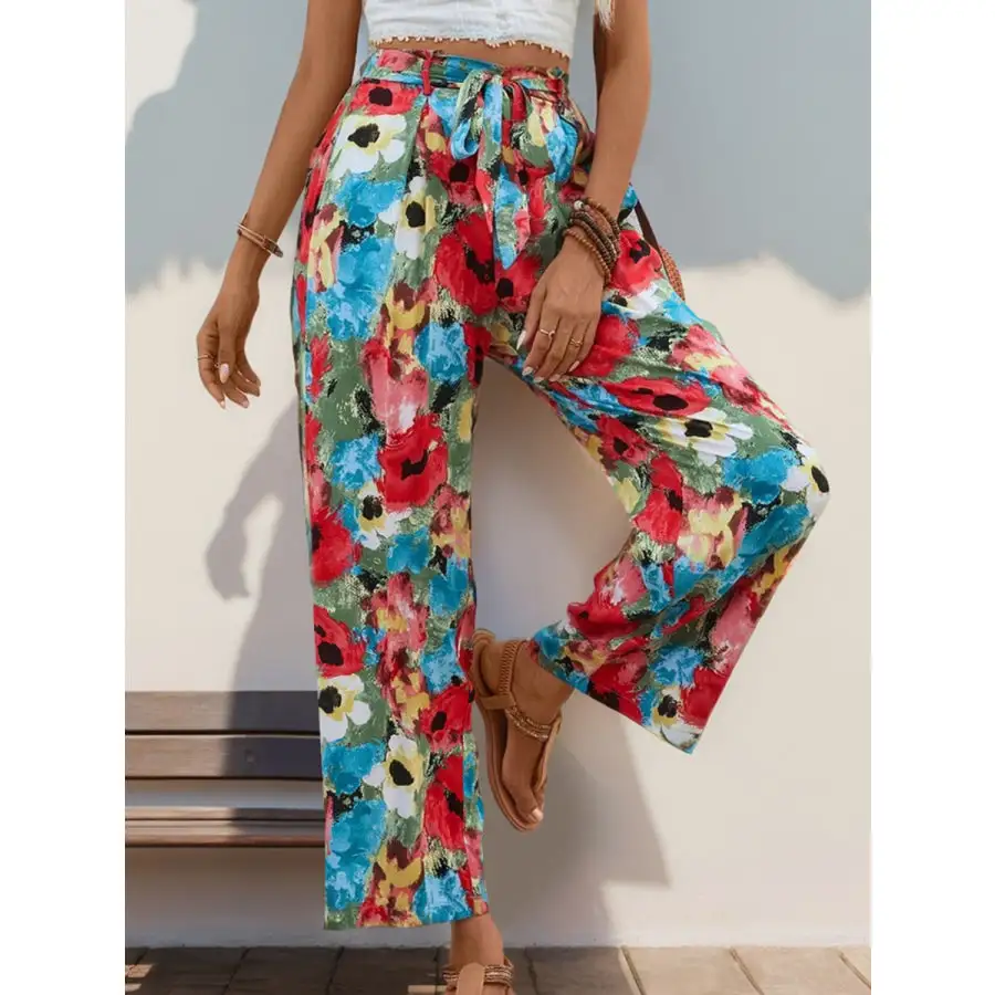 Tied Printed Wide Leg Pants