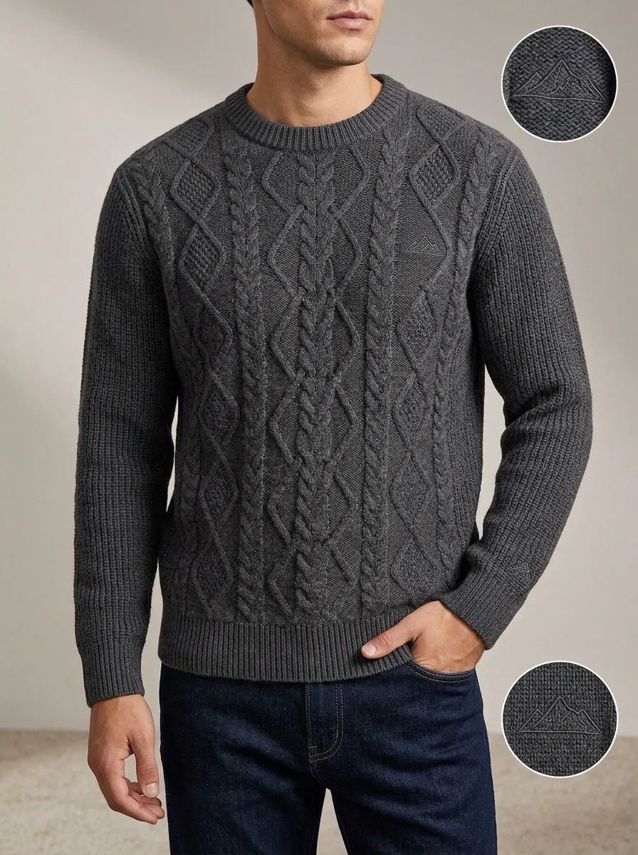 Men's Charcoal Grey Crewneck Mountain Cable Knit Sweater
