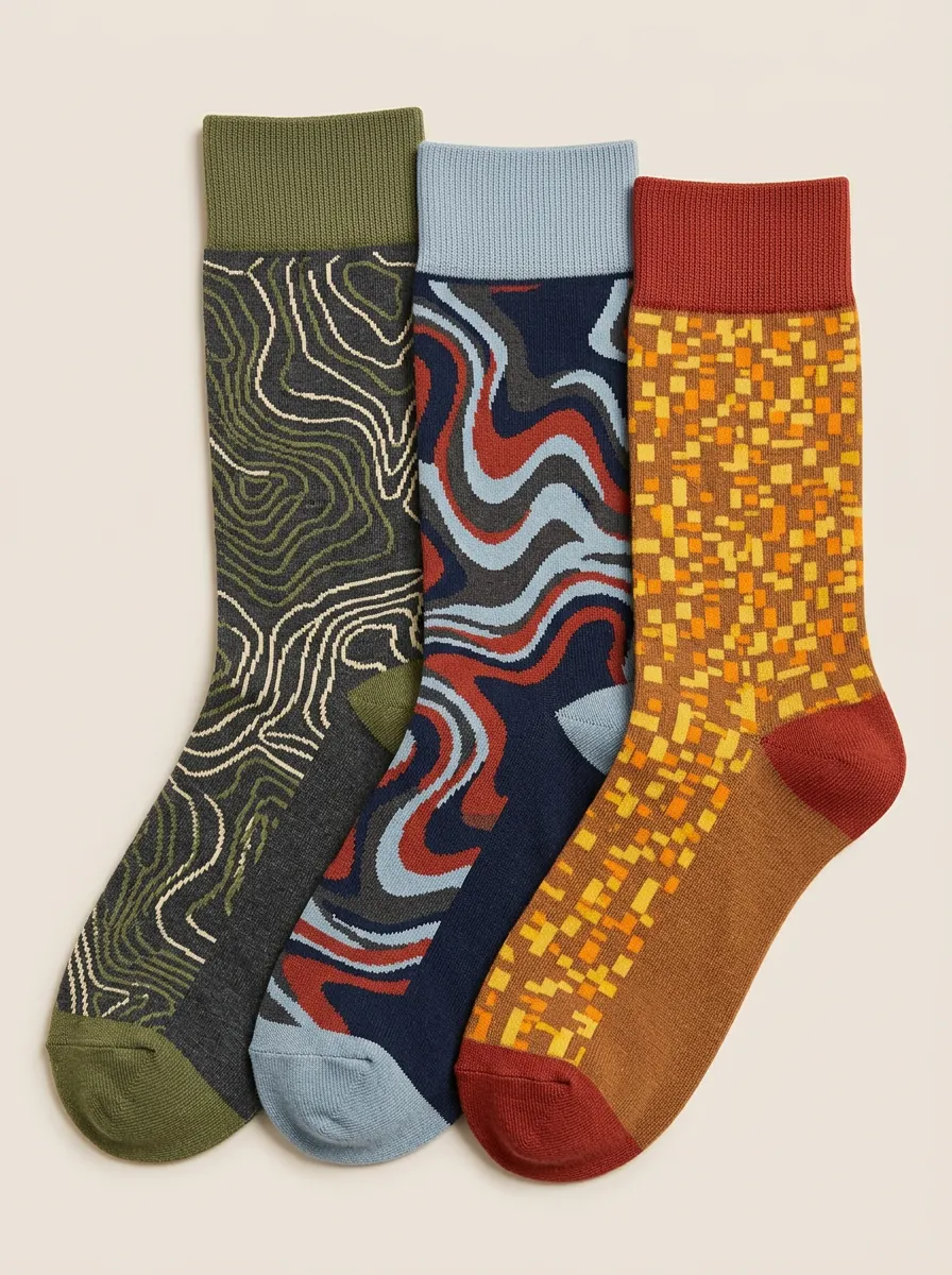 Men's Abstract Geometric Topographic Printed Three-Pack Socks Ribbed Cuff
