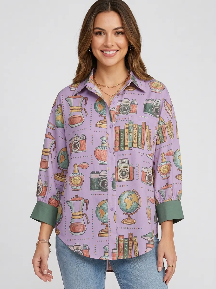 Women's Travel Hobbyist Globe Camera Book Printed Shirt