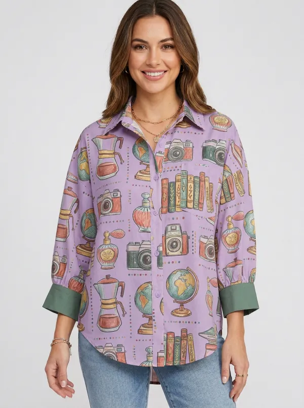 Women's Travel Hobbyist Globe Camera Book Printed Shirt