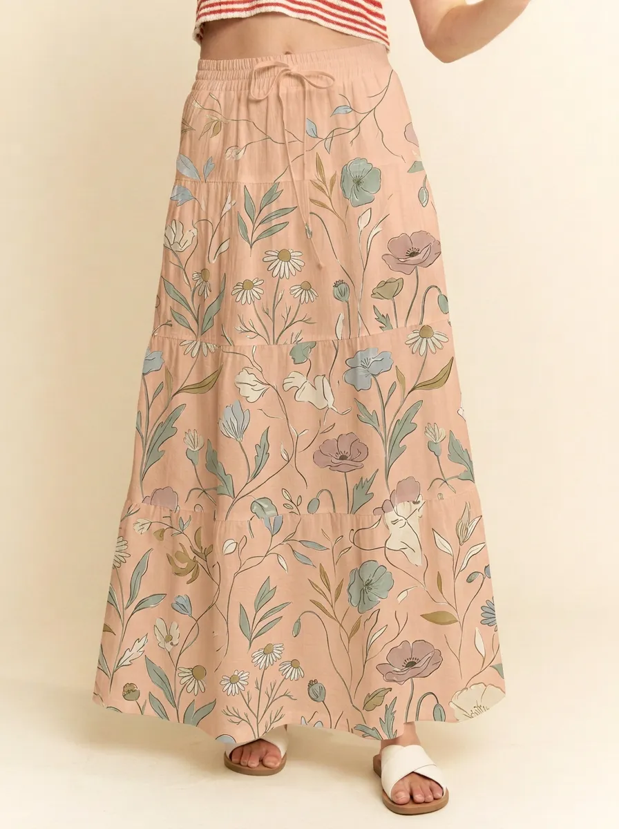 Women's Boho Floral Garden Wildflower Printed Maxi Skirt