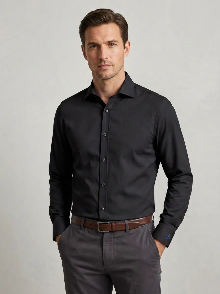 Men's Nautical Anchor Cuff Embroidered Non-Iron Cotton Shirt