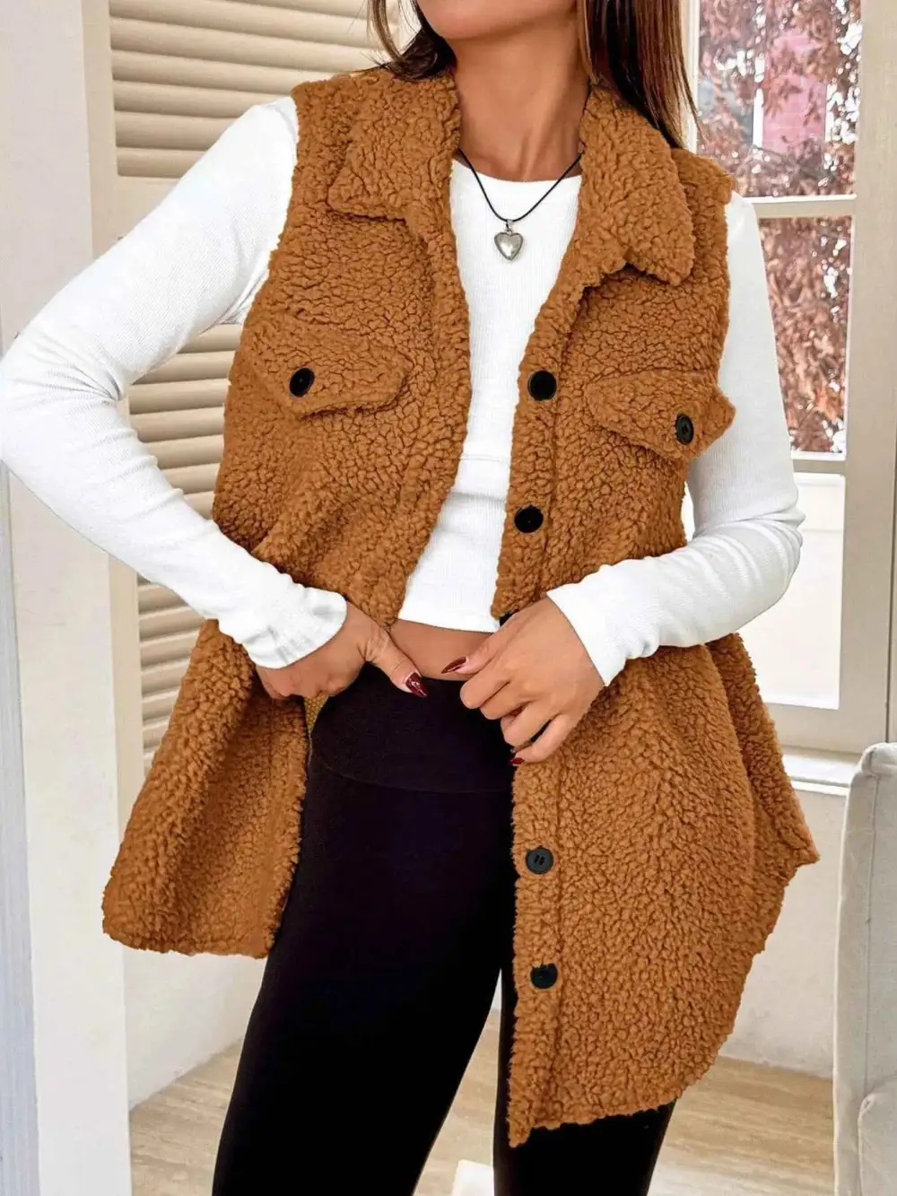 Button Down Sherpa Fleece Vest Coat