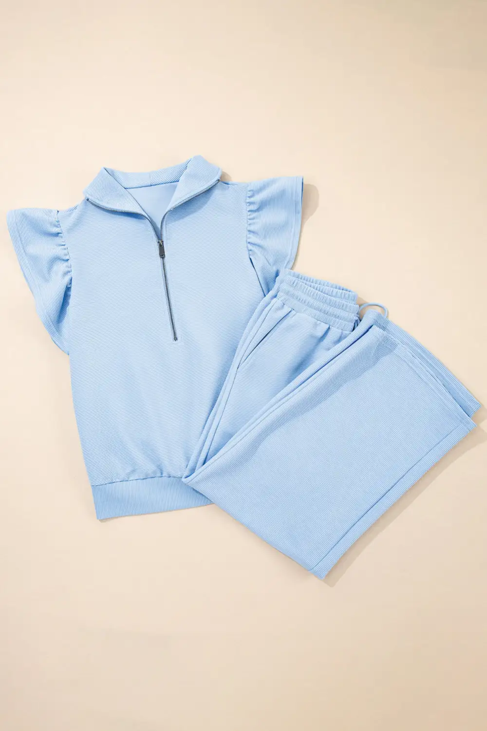 Women's Textured Ruffled Sleeve Zipped Top and Wide Leg Pants Set