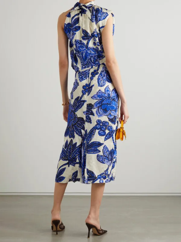 Elegant Cutout Drape Floral Print Midi Dress