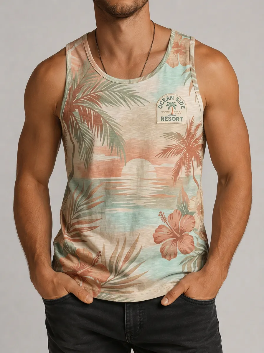 Men's Tropical Beach Ocean Side Resort Printed Tank Top