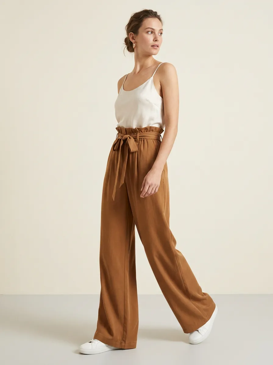 Wide-Leg High-Rise Tie-Waist Casual Casual Wide Leg Pants