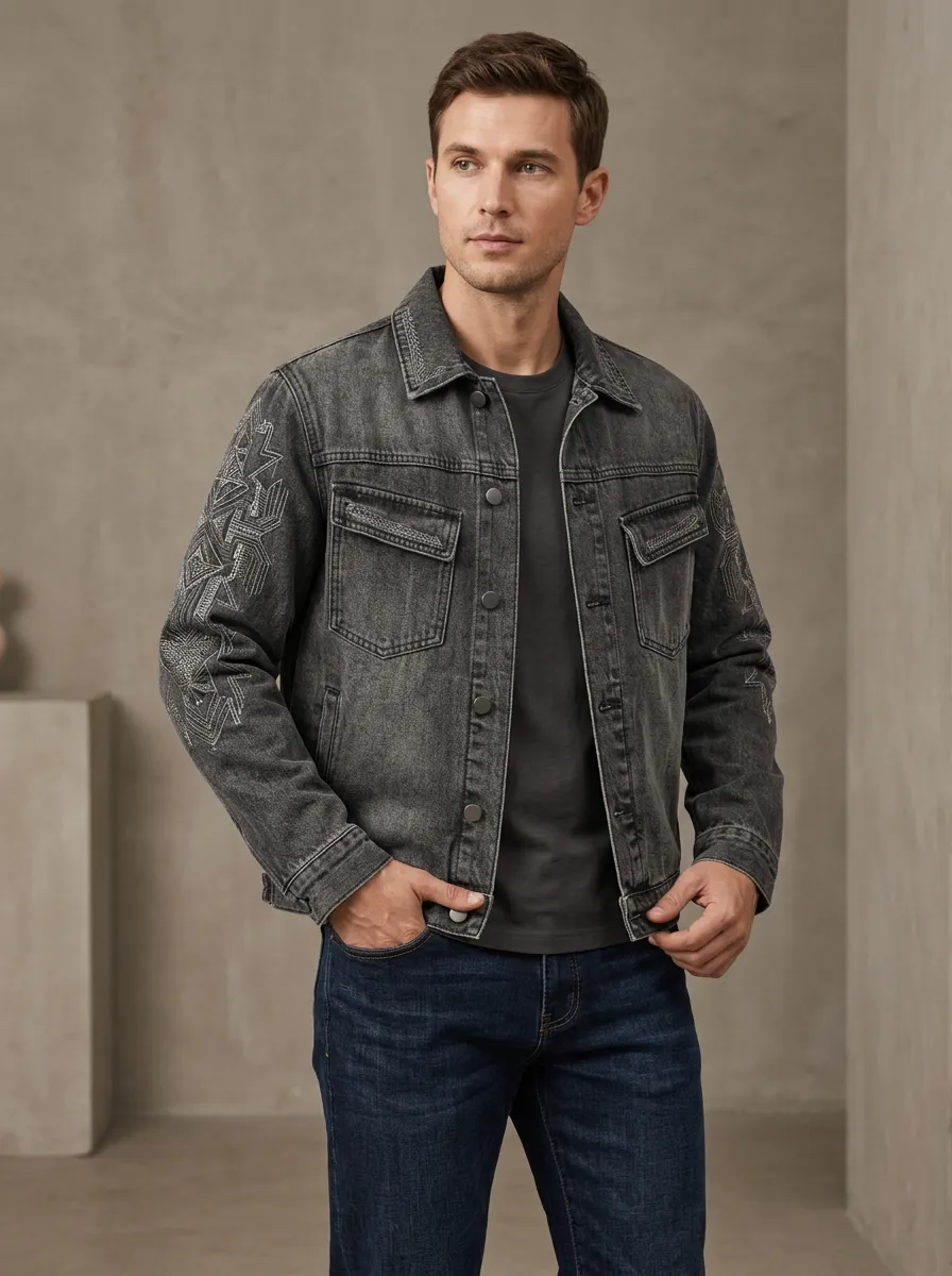 Men's Rugged Geometric Embroidered Denim Jacket