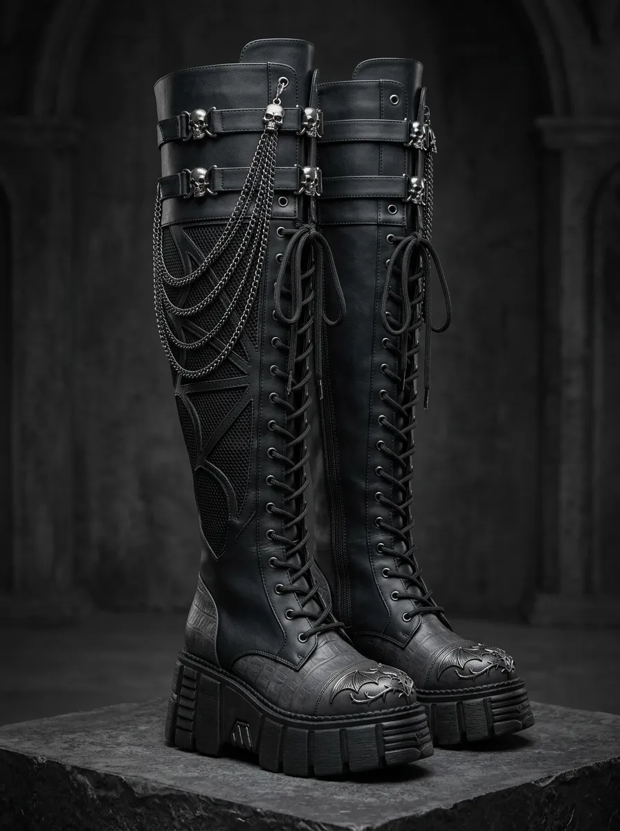 Classic Gothic Skull Bat Wing Silhouette Women's Gothic Platform Knee High Boots