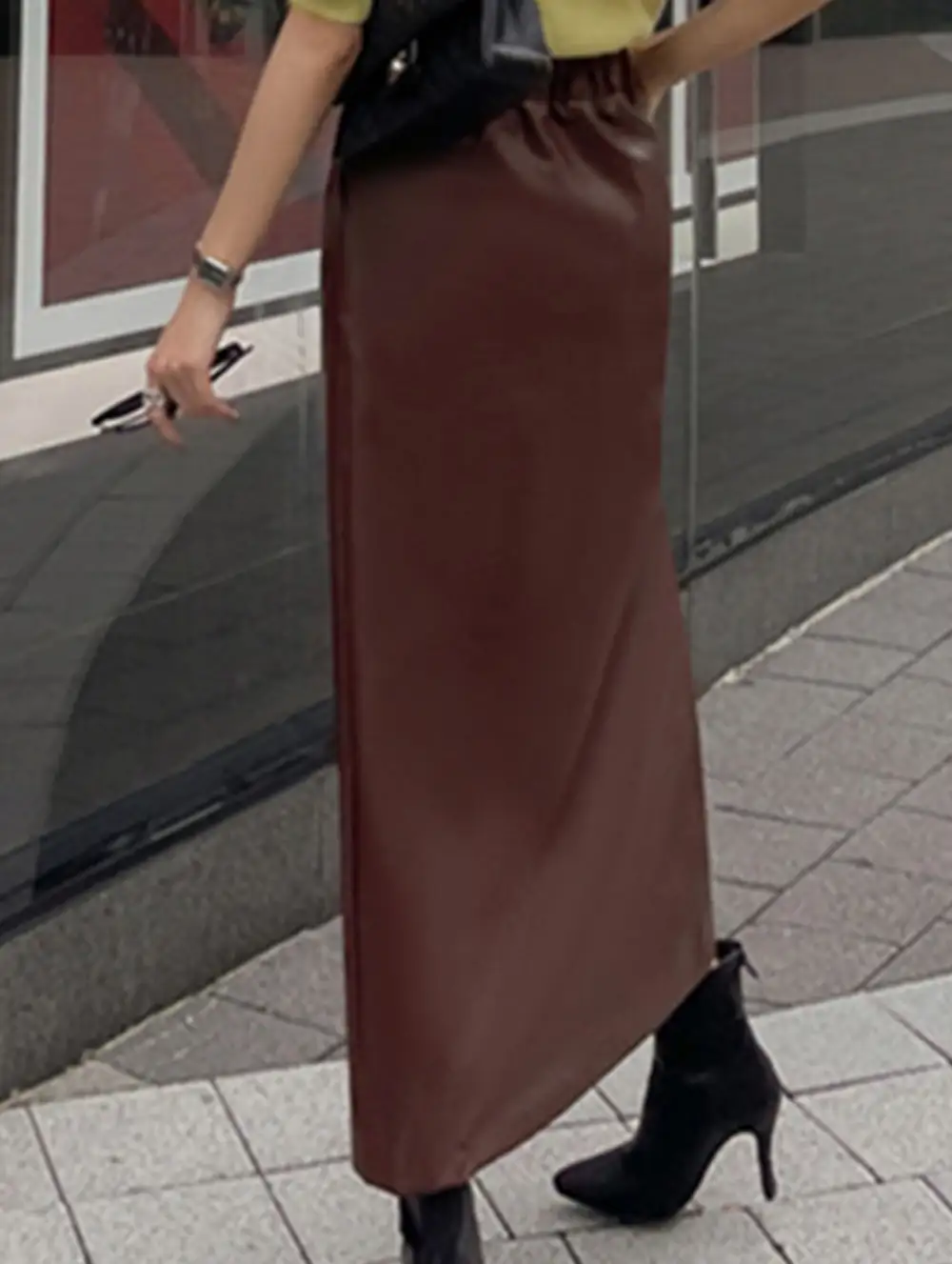 Leather Look Slit Midi Skirt