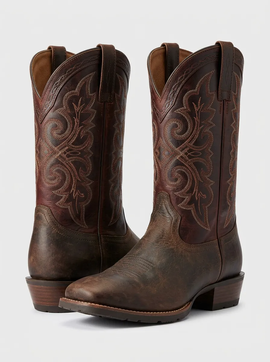 Men's Western Cowboy Embroidered Brown Leather Printed Boots