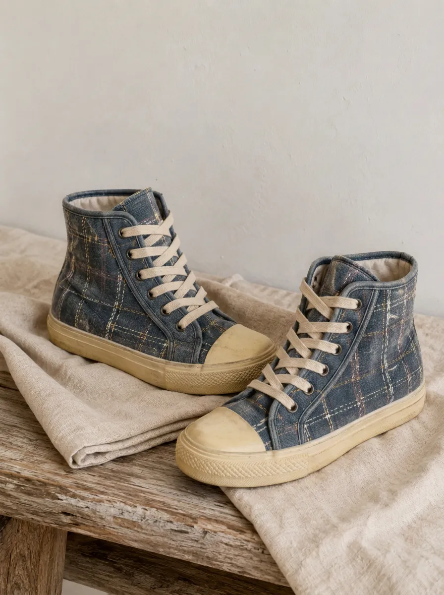 Women's Vintage Style Blue Plaid Pattern Printed Canvas Shoes