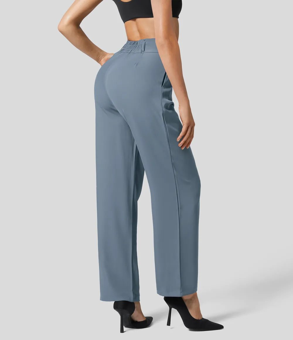 High Waisted Button Zipper Plicated Side Pocket Shirred Straight Leg Work Pants