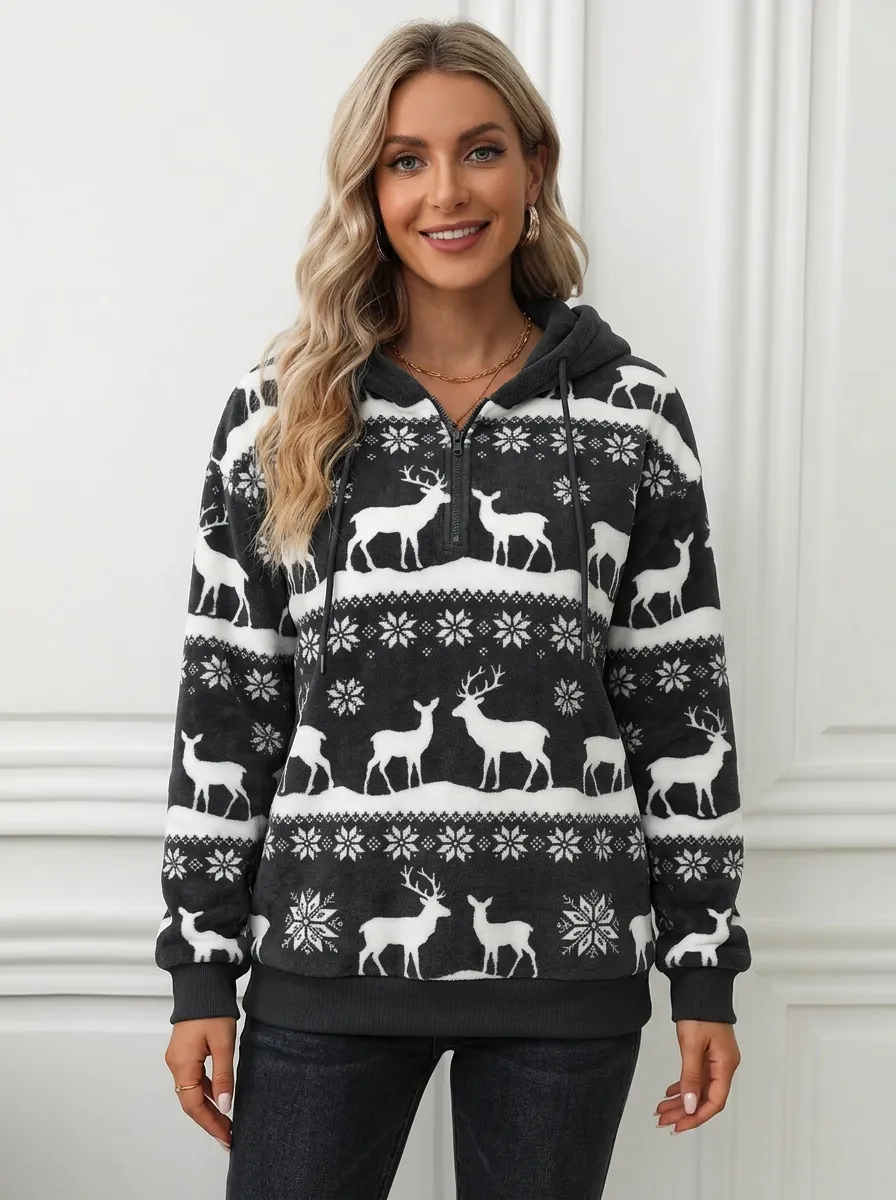 Women's Christmas Reindeer Snowflake Quarter-Zip Hoodie