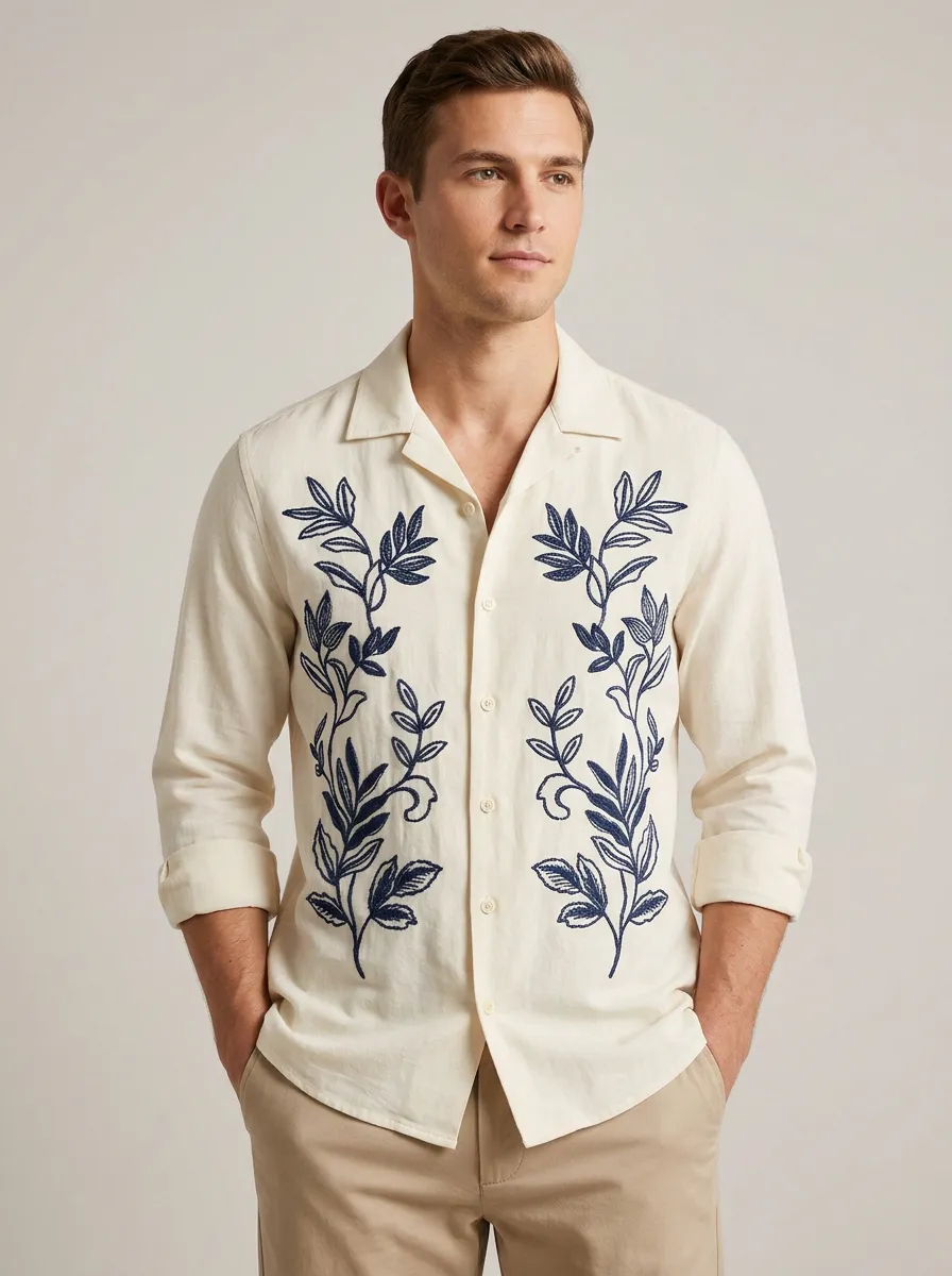 Men's Linen Botanical Nature Embroidered Shirt