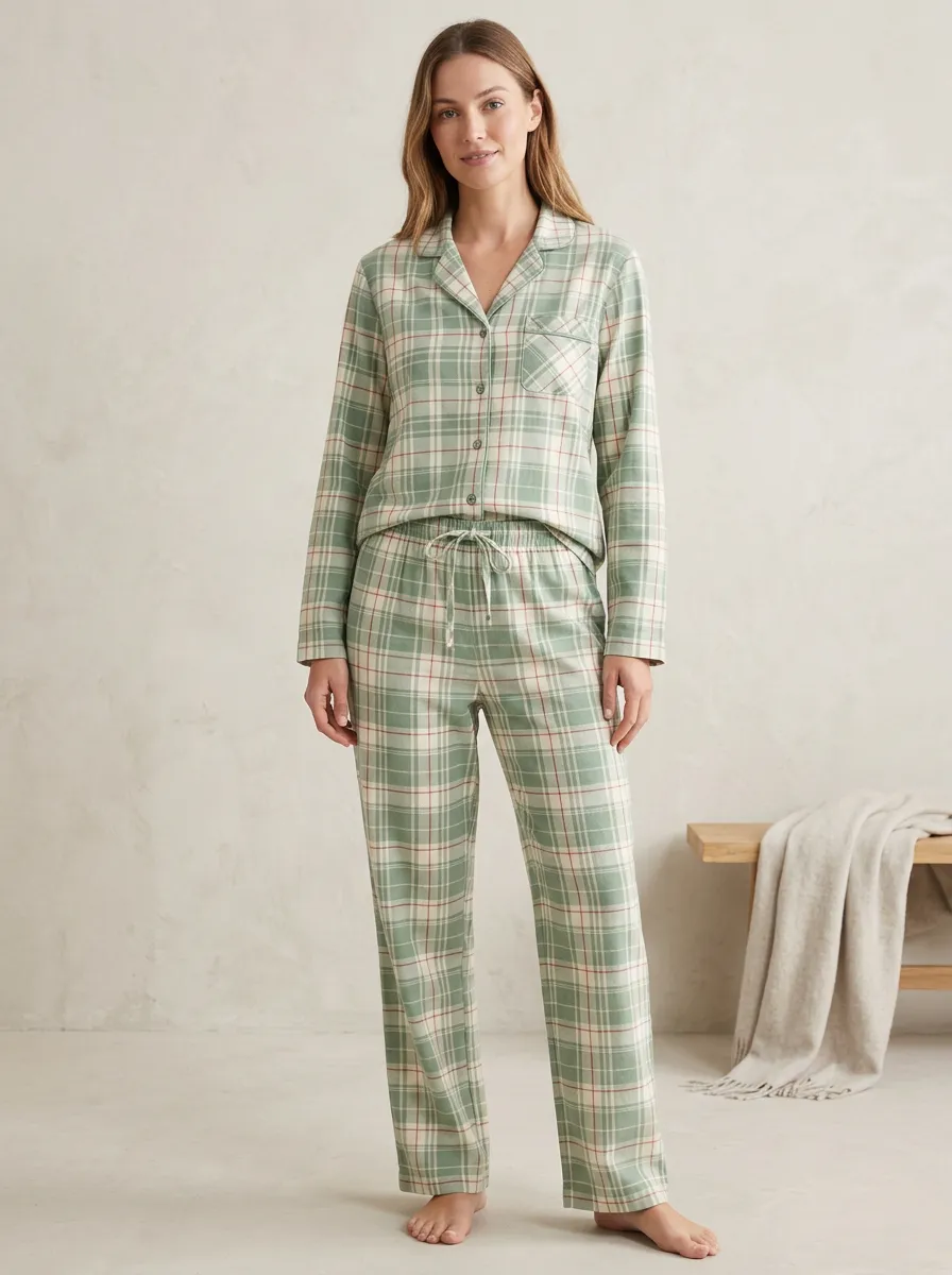 Women's Woven Plaid Drawstring Loungewear Set