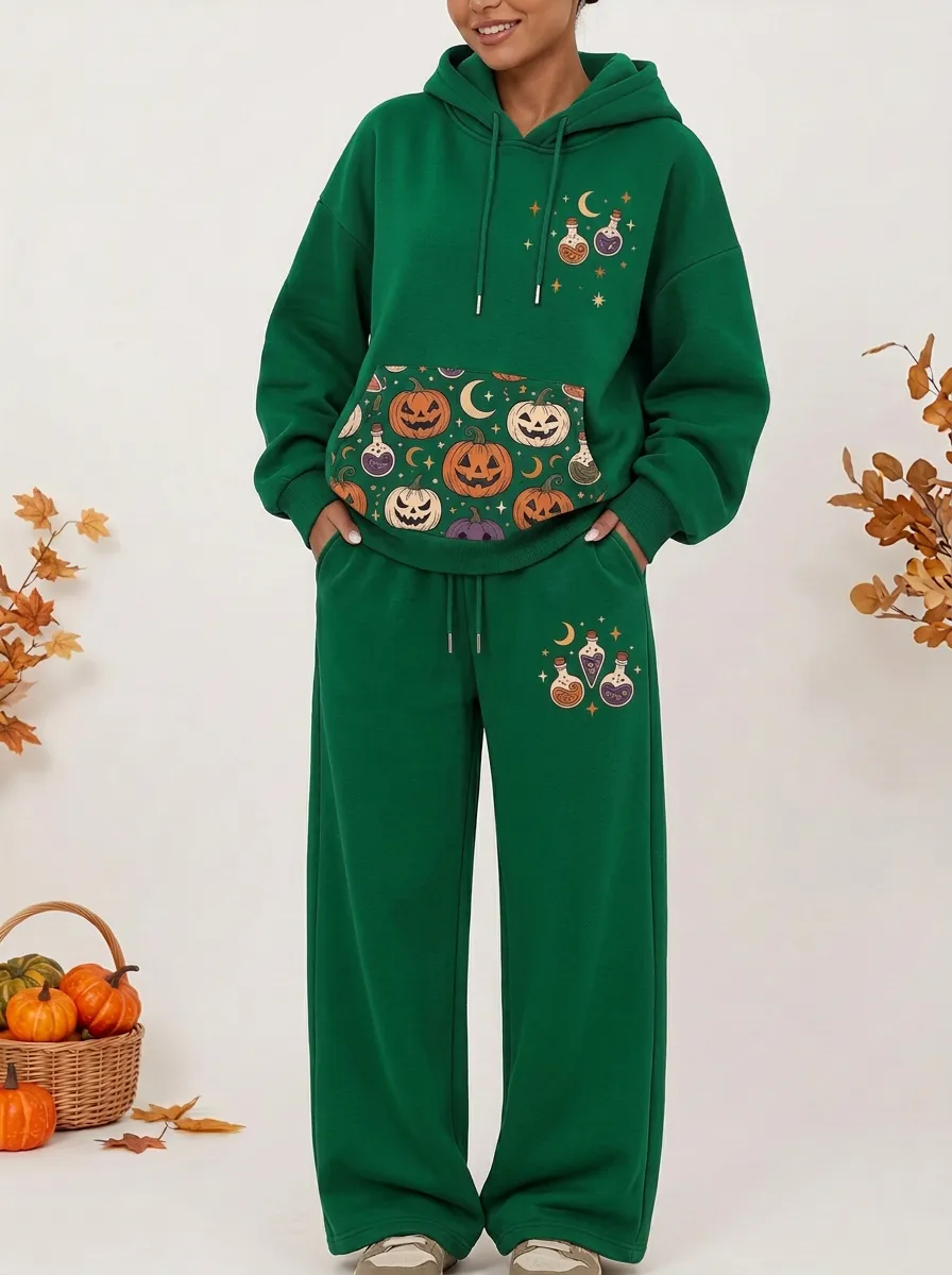 Women's Halloween Pumpkin Potion Printed Hoodie and Pants Set