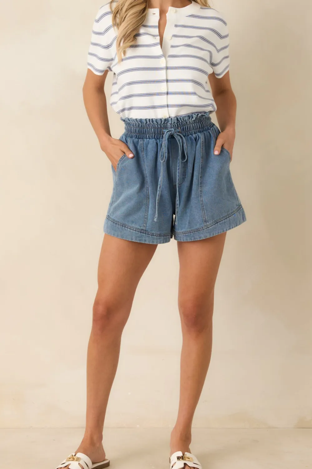Medium Wash Cotton Drawstring Denim Shorts