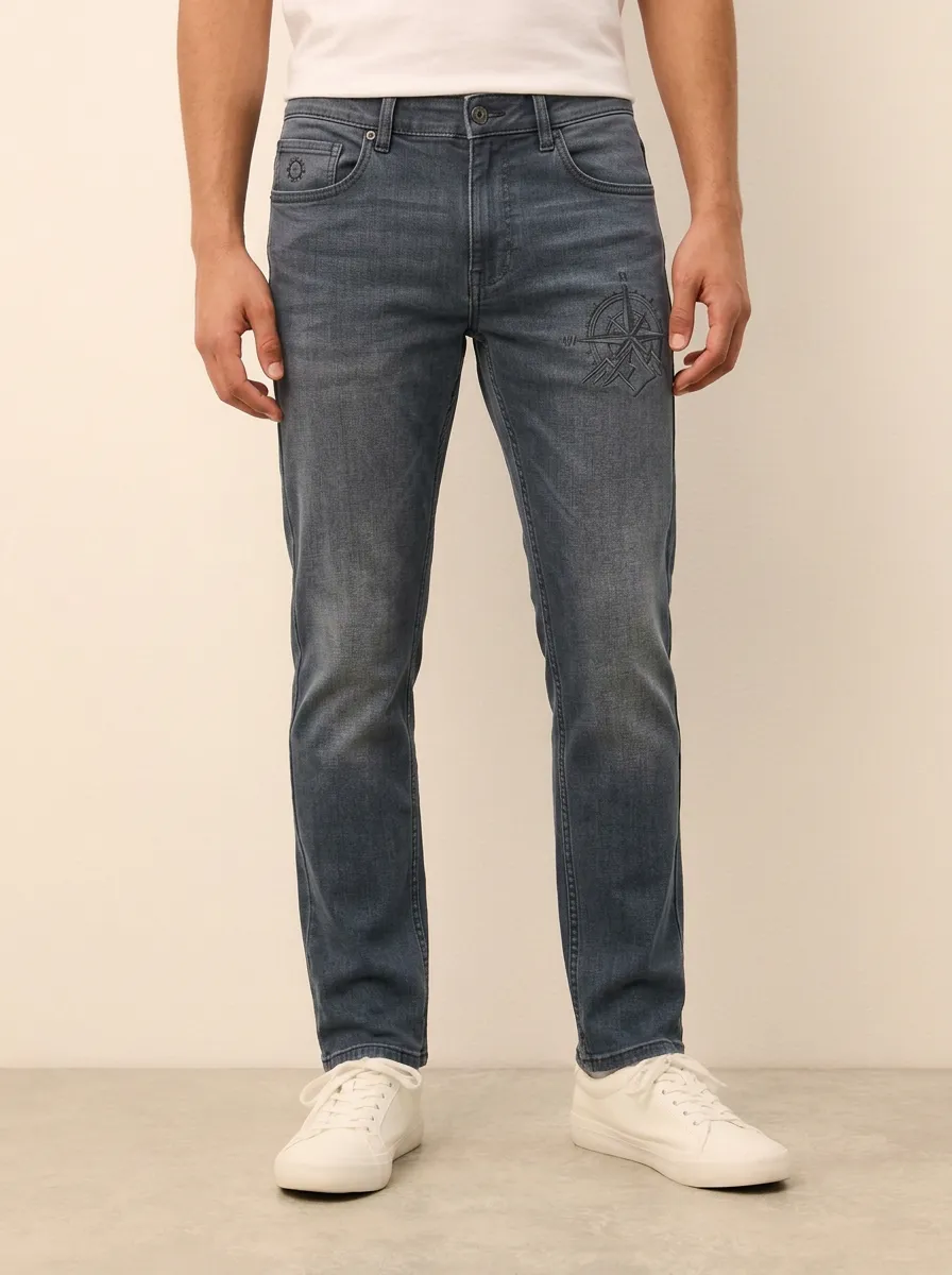 Men's Grey Compass Adventure Graphic Stretch Jeans