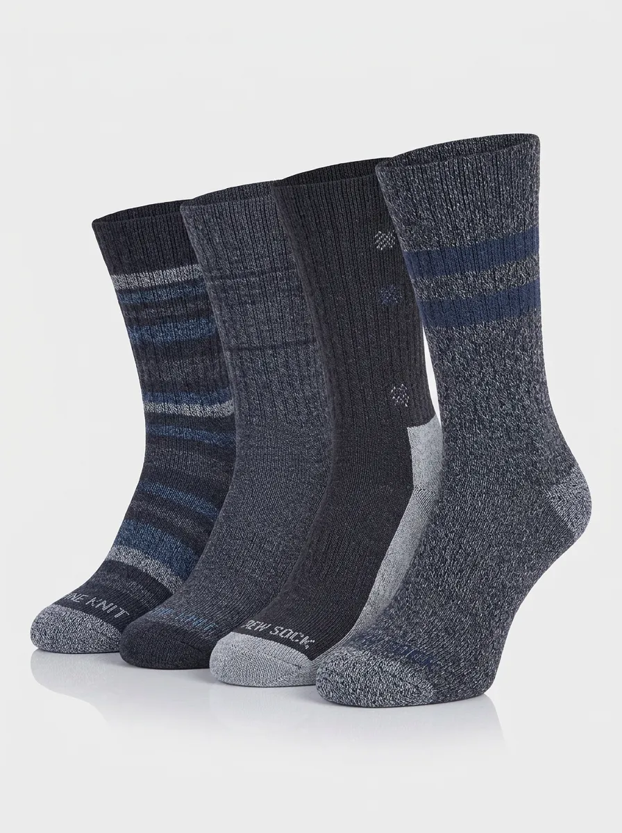 Men's Crew Socks Four-Pair Pack with Striped Heathered Texture Ribbed Texture Crew Length