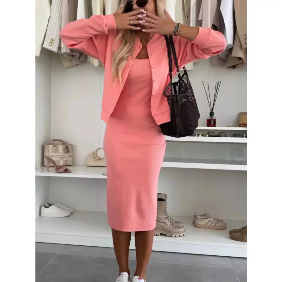 Slit Square Neck Dress and Outerwear Set