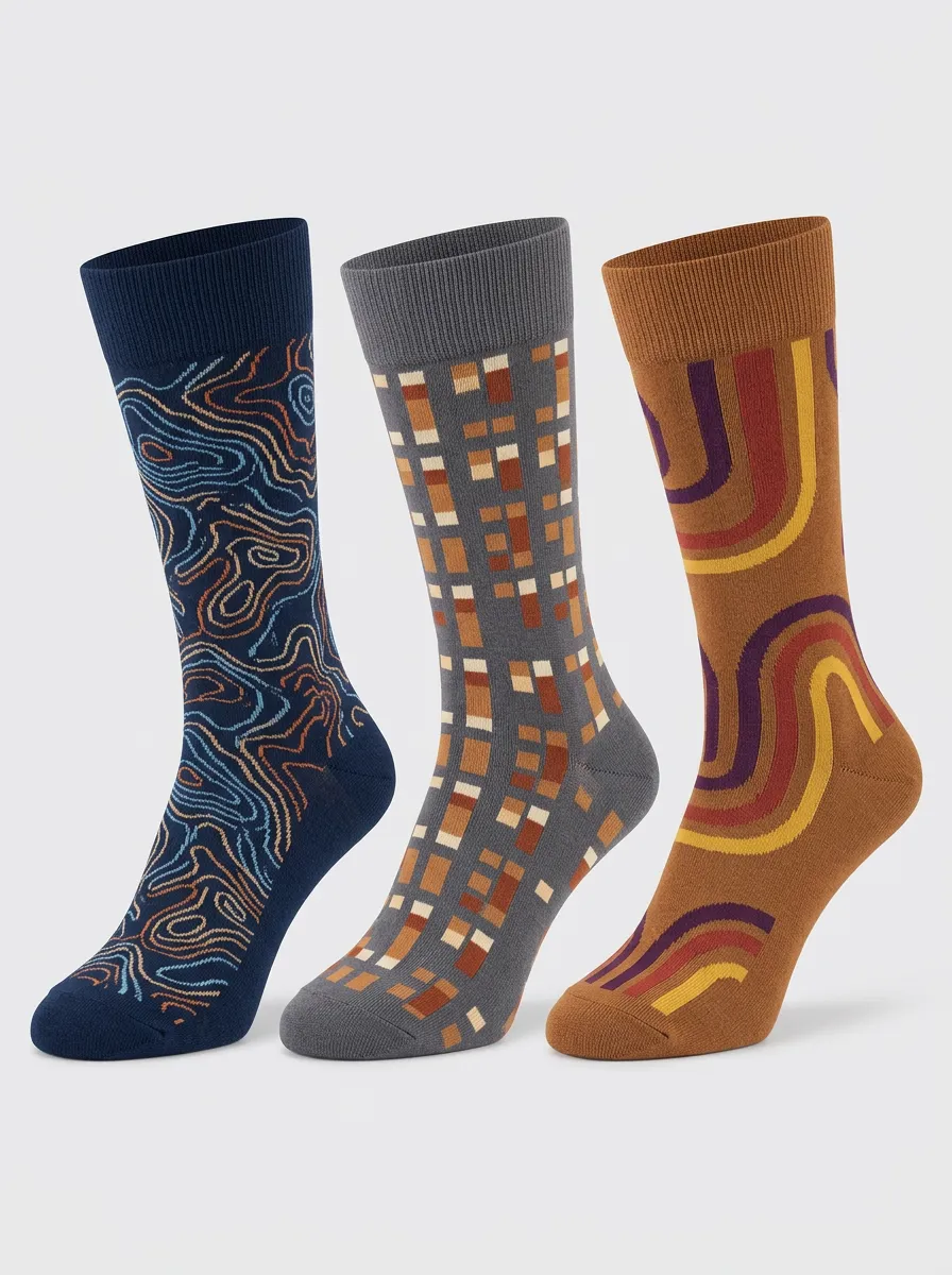 Men's Geometric Abstract Topographic Printed Three Pack Socks Relaxed Design