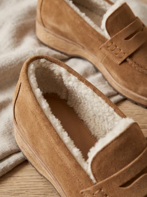 Women's All Terrain Faux Fur Lined Winter Suede Wood Sole Loafers