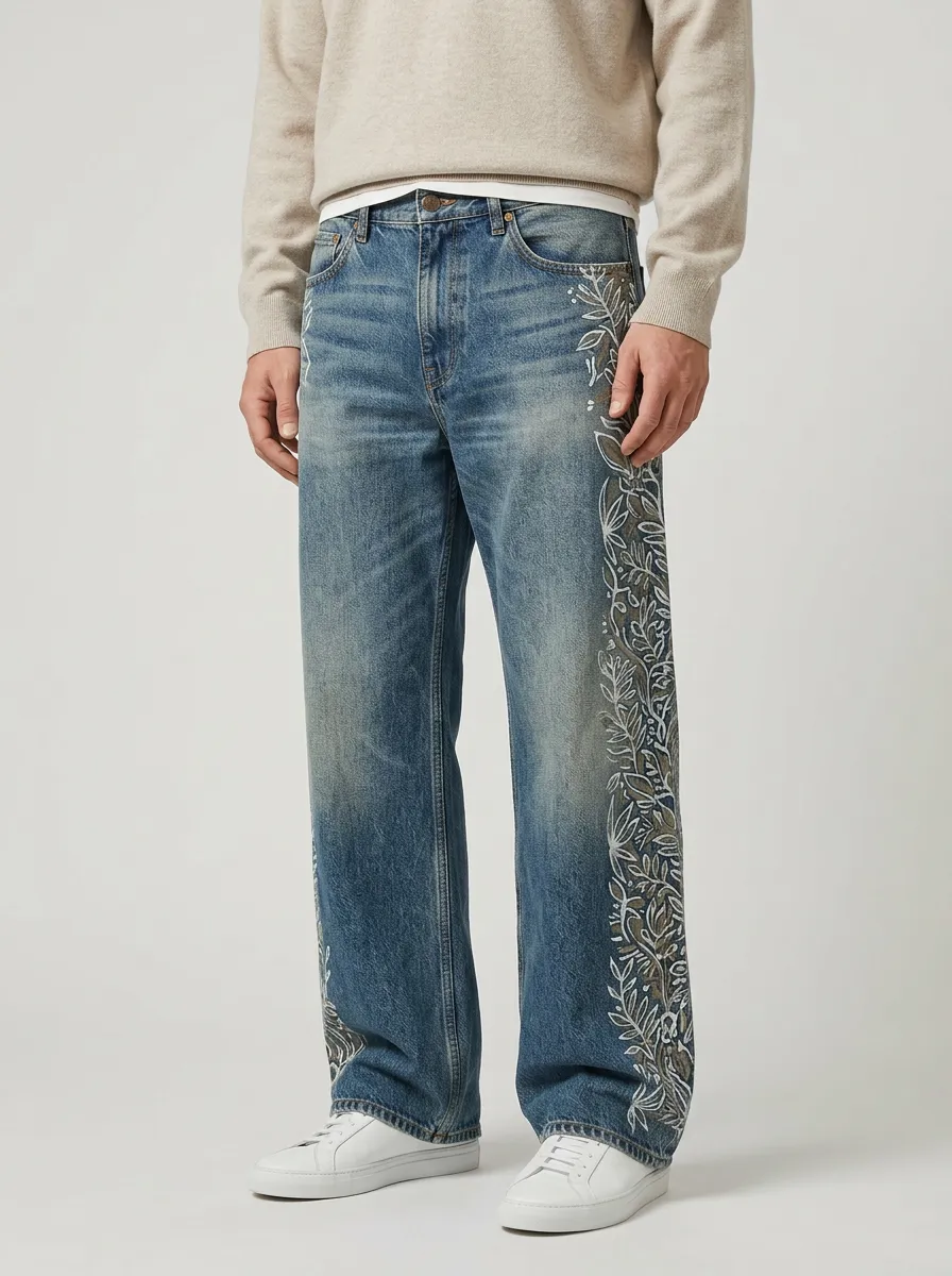 Men's Botanical Floral Side Printed Wide Leg Jeans