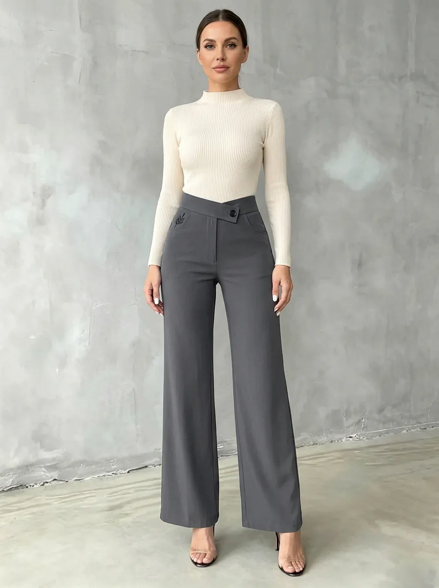 Women's Versatile All Day Leaf Embroidered Mid Rise Straight Leg Pants