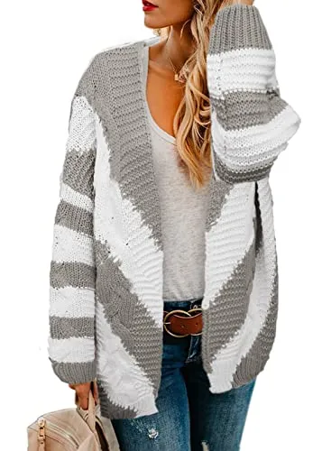 Womens Open Front Long Sleeve Chunky Knit Cardigan Sweaters Loose Outwear Coat