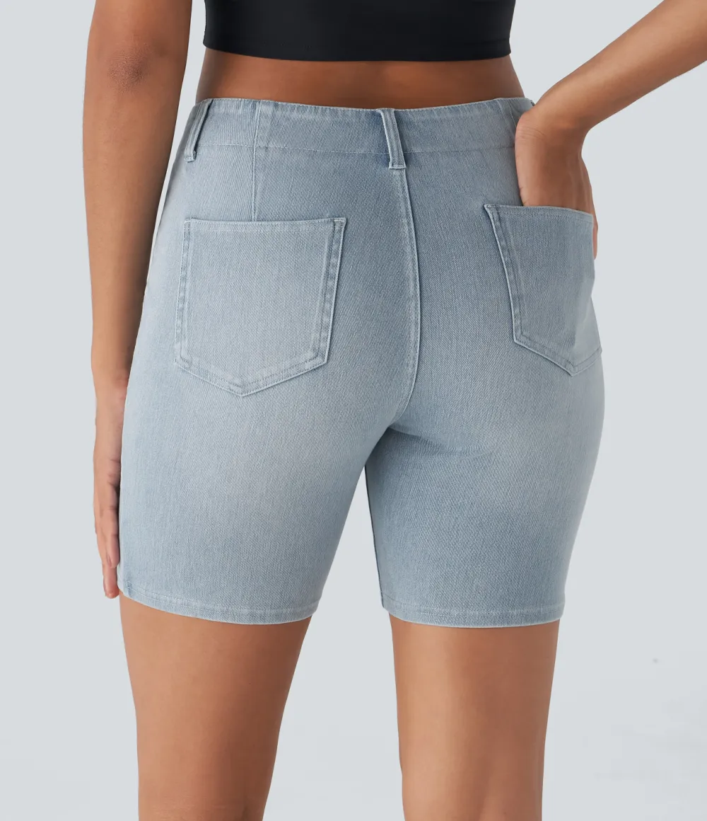 Magic Mid Rise Back Pockets Skinny Cool Touch Washed Stretchy Knit Denim Casual Shorts
