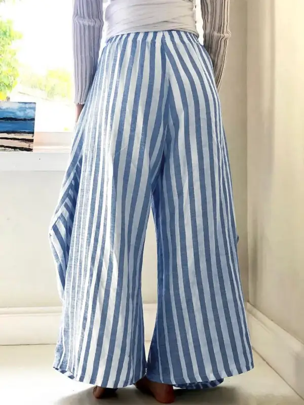 Wide Leg Elastic Waist Striped Pocketed Pants